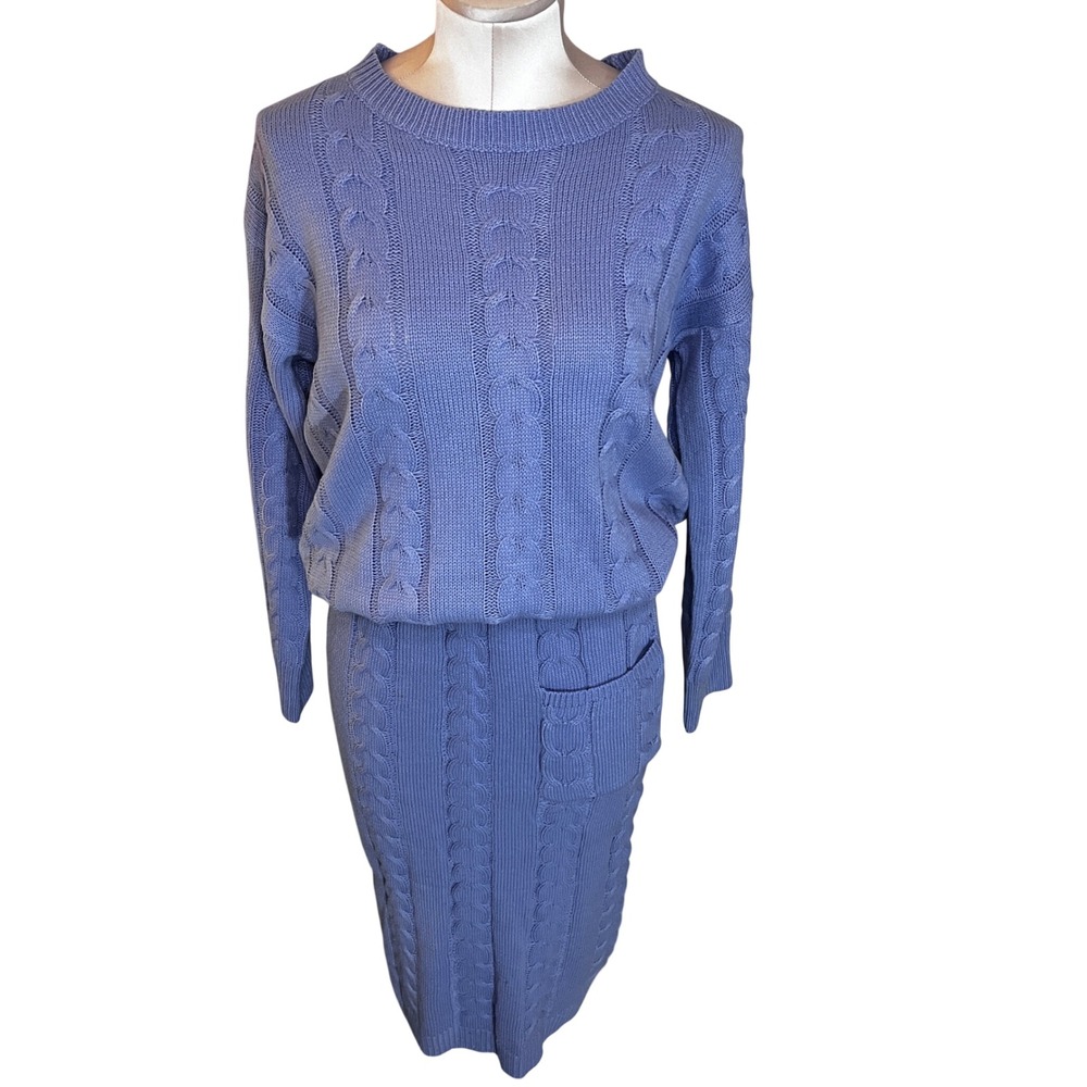 Periwinkle Purple Cable Knit Sweater Suit Midi Skirt 2 Piece Set Womens Large